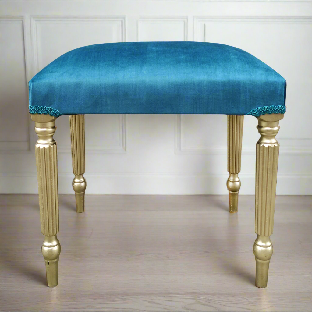 Blue Velvet Dressing Table Stool with Gold Legs