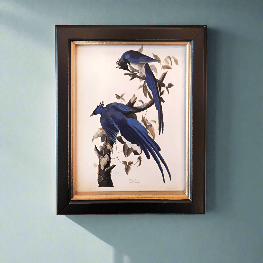 Shop small blue birds wall print, 20x25cm. Perfect wall decor addition with classic frame. Elevate interiors with this stylish art piece.