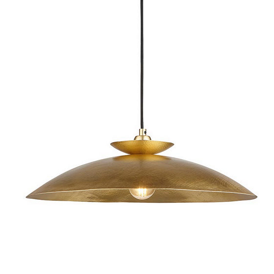 Modern pendant featuring a hammering brass metalwork finish with a black flex. This brass disc pendant light is a striking, contemporary lighting fixture that combines sleek design with industrial charm. Its wide shape allows the light to spread evenly across any room. It is a very stylist and ideal for living rooms.