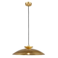 Modern pendant featuring a hammering brass metalwork finish with a black flex. This brass disc pendant light is a striking, contemporary lighting fixture that combines sleek design with industrial charm. Its wide shape allows the light to spread evenly across any room. It is a very stylist and ideal for living rooms.