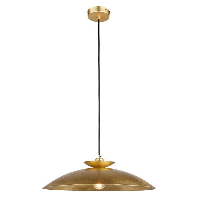 Modern pendant featuring a hammering brass metalwork finish with a black flex. This brass disc pendant light is a striking, contemporary lighting fixture that combines sleek design with industrial charm. Its wide shape allows the light to spread evenly across any room. It is a very stylist and ideal for living rooms.