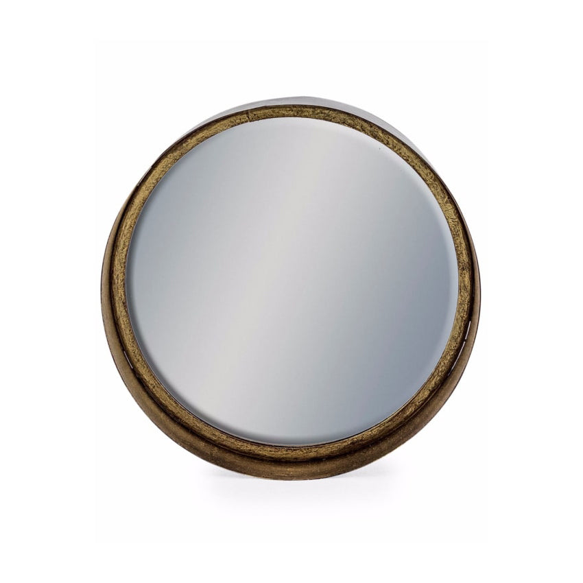 Medium-sized bronze round mirror with a deep frame, 26 cm diameter, featuring a classic gilt finish for elegant decor.