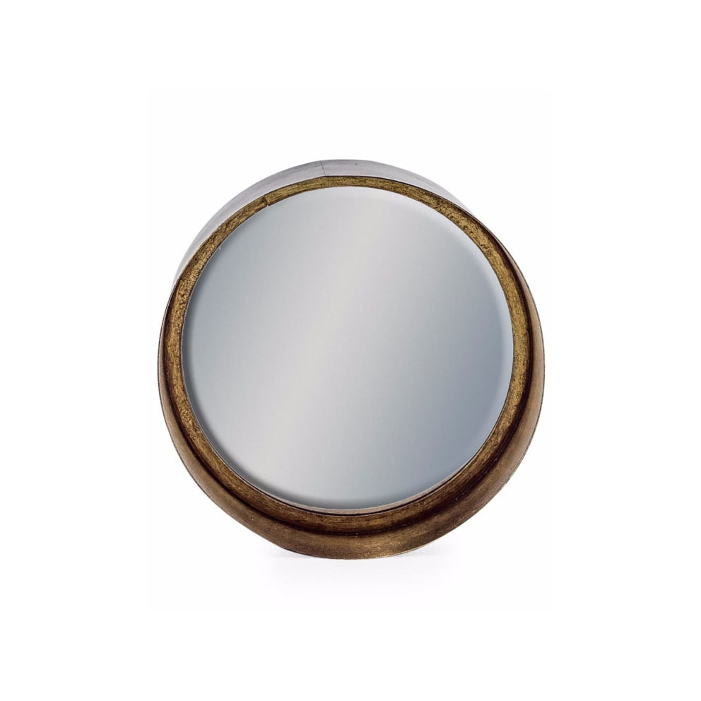 Small bronze round mirror with a deep gilt frame, 21 cm diameter, perfect for adding depth and style to wall decor.