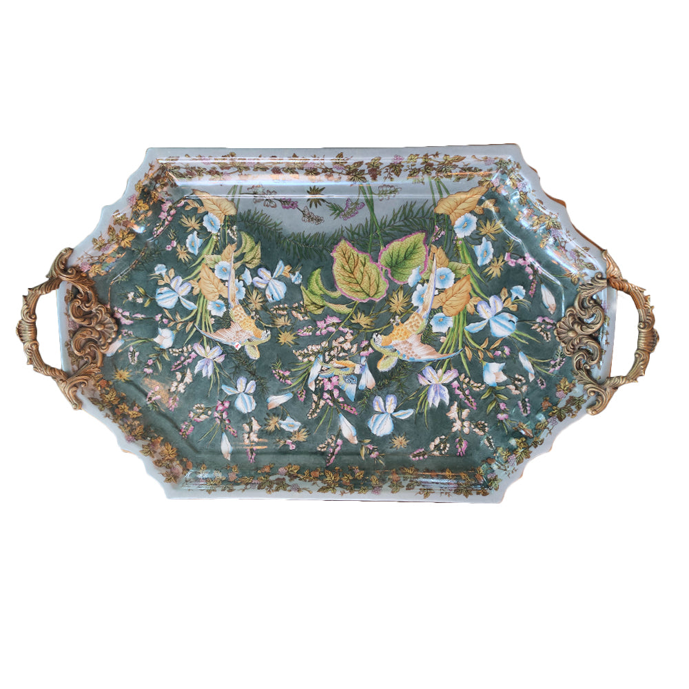 Bronze & Porcelain Tray on Faux Bamboo Stand