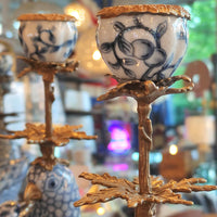 Bronze and Porcelain Parrot Candleholders