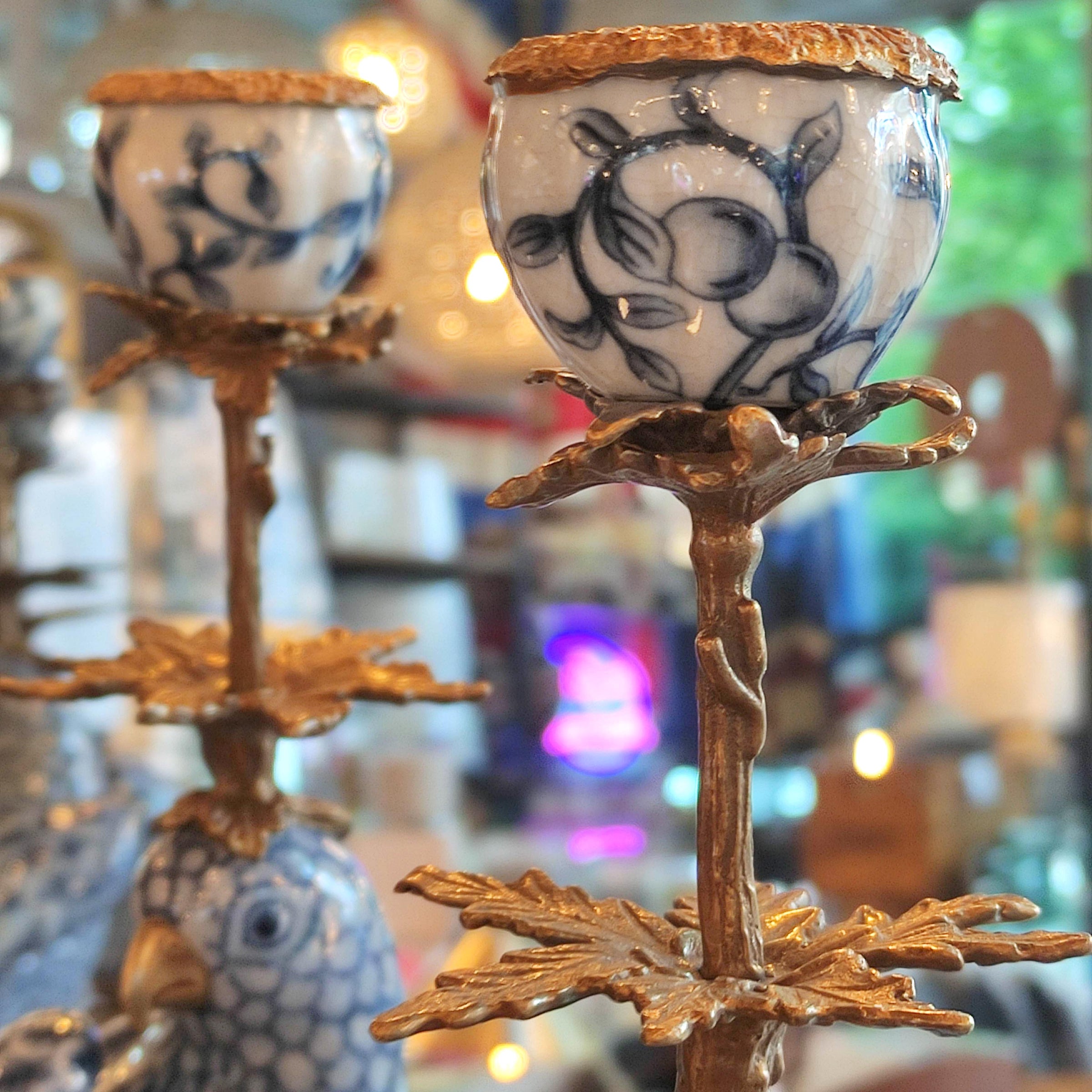 Bronze and Porcelain Parrot Candleholders