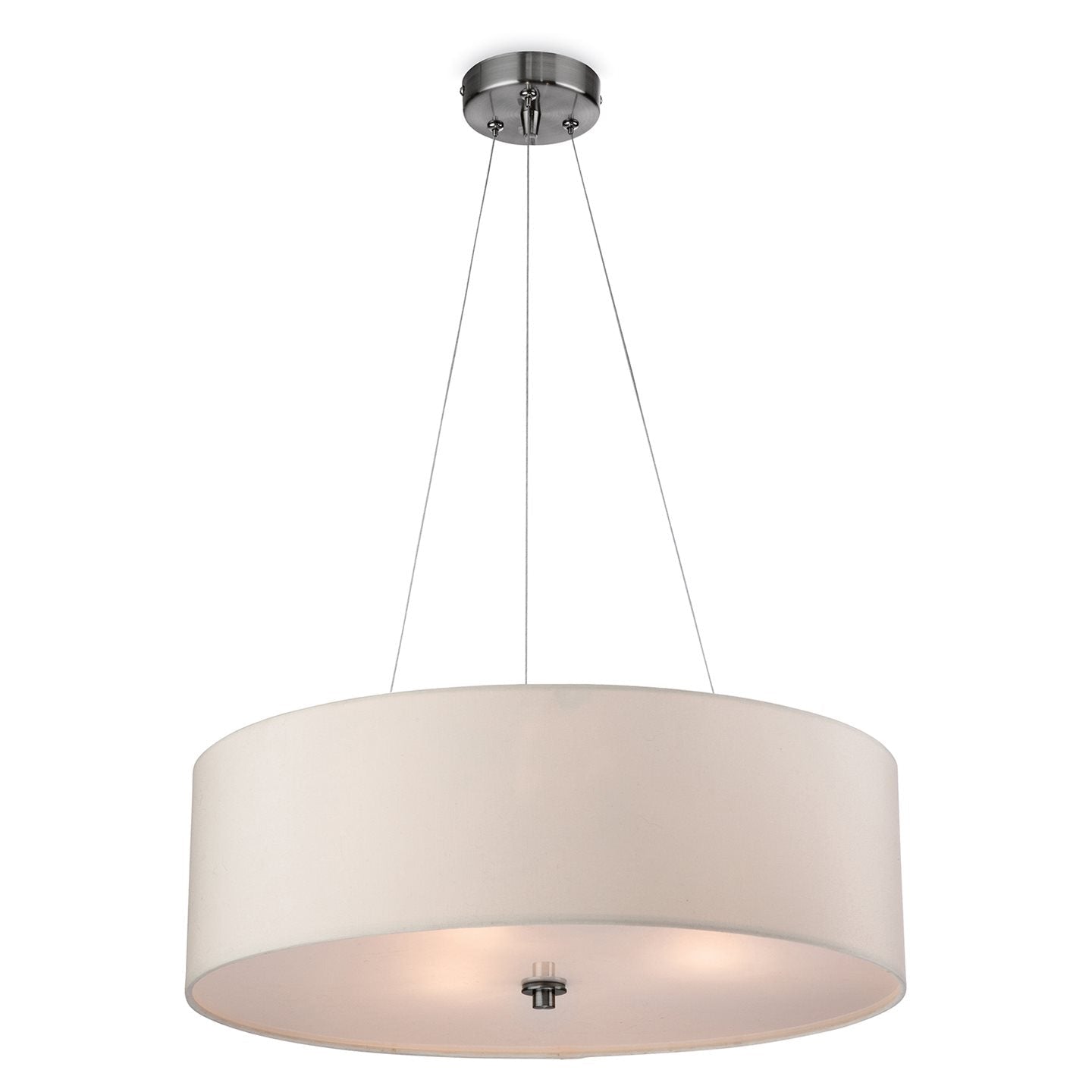 The pendant is suspended by three adjustable wires which allows the high to be set precisely. The metalwork is a brushed steel finish and the shade a soft cream colour. The frosted base diffuser is acrylic.