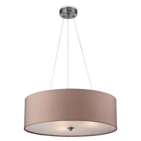 The pendant is suspended by three adjustable wires which allows the high to be set precisely. The metalwork is a brushed steel finish and the shade a rose taupe colour. The frosted base diffuser is acrylic.