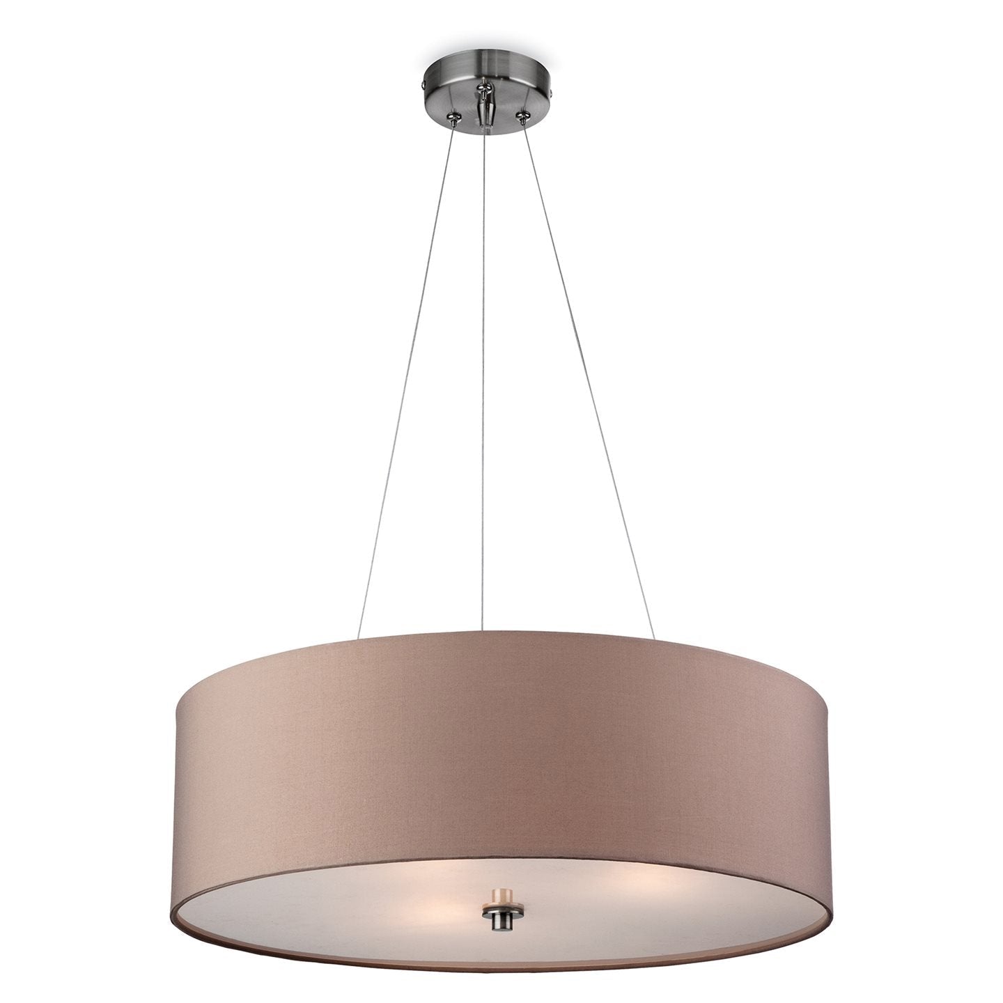The pendant is suspended by three adjustable wires which allows the high to be set precisely. The metalwork is a brushed steel finish and the shade a rose taupe colour. The frosted base diffuser is acrylic.