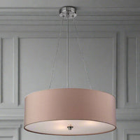 A brushed steel pendant light with a rose taupe shade, suspended by three adjustable wires, with a frosted base diffuser.