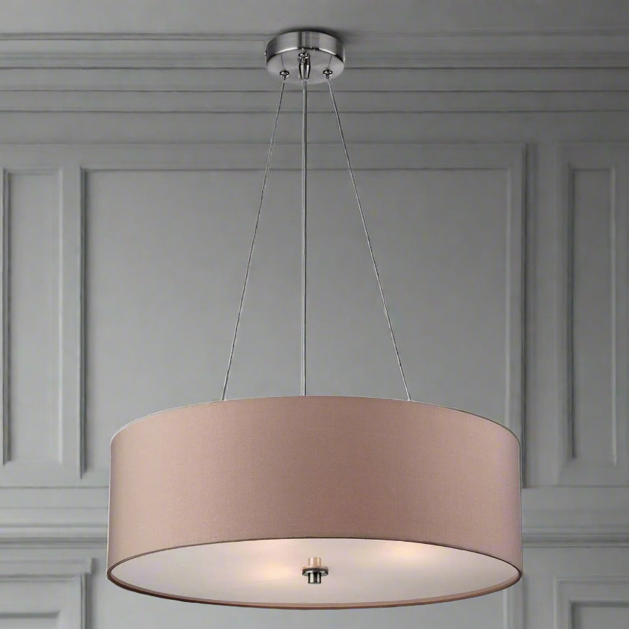 A brushed steel pendant light with a rose taupe shade, suspended by three adjustable wires, with a frosted base diffuser.