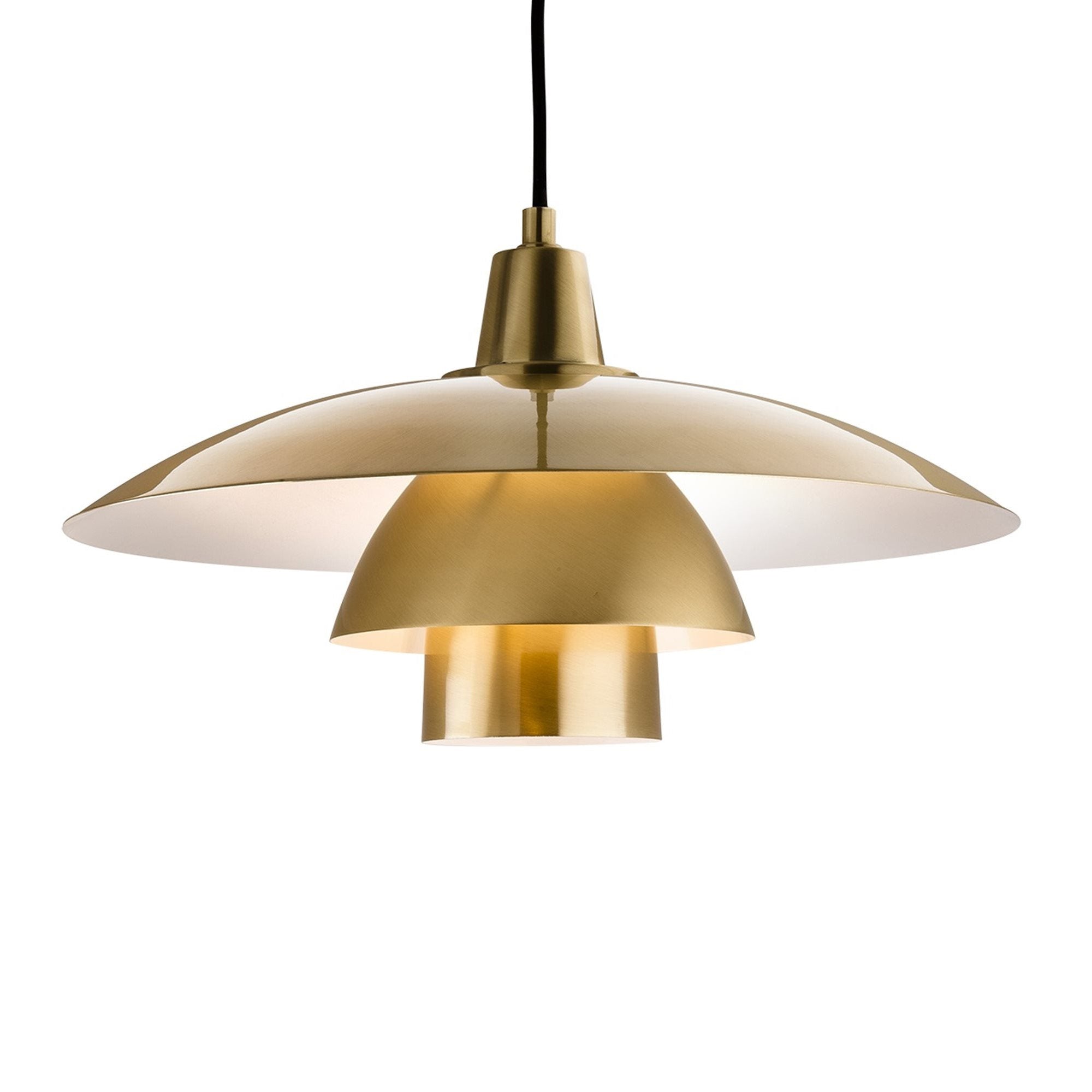 Scandi style pendant featuring brushed brass metalwork and black cable. It is a modern, very stylist and ideal for living rooms, bedrooms and kitchens.