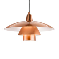 Scandi style pendant featuring brushed copper metalwork and black cable. It is a modern, very stylist and ideal for living rooms, bedrooms and kitchens.
H: 23 cm W: 40 cm (Max Drop 120 - Min Drop 30 cm