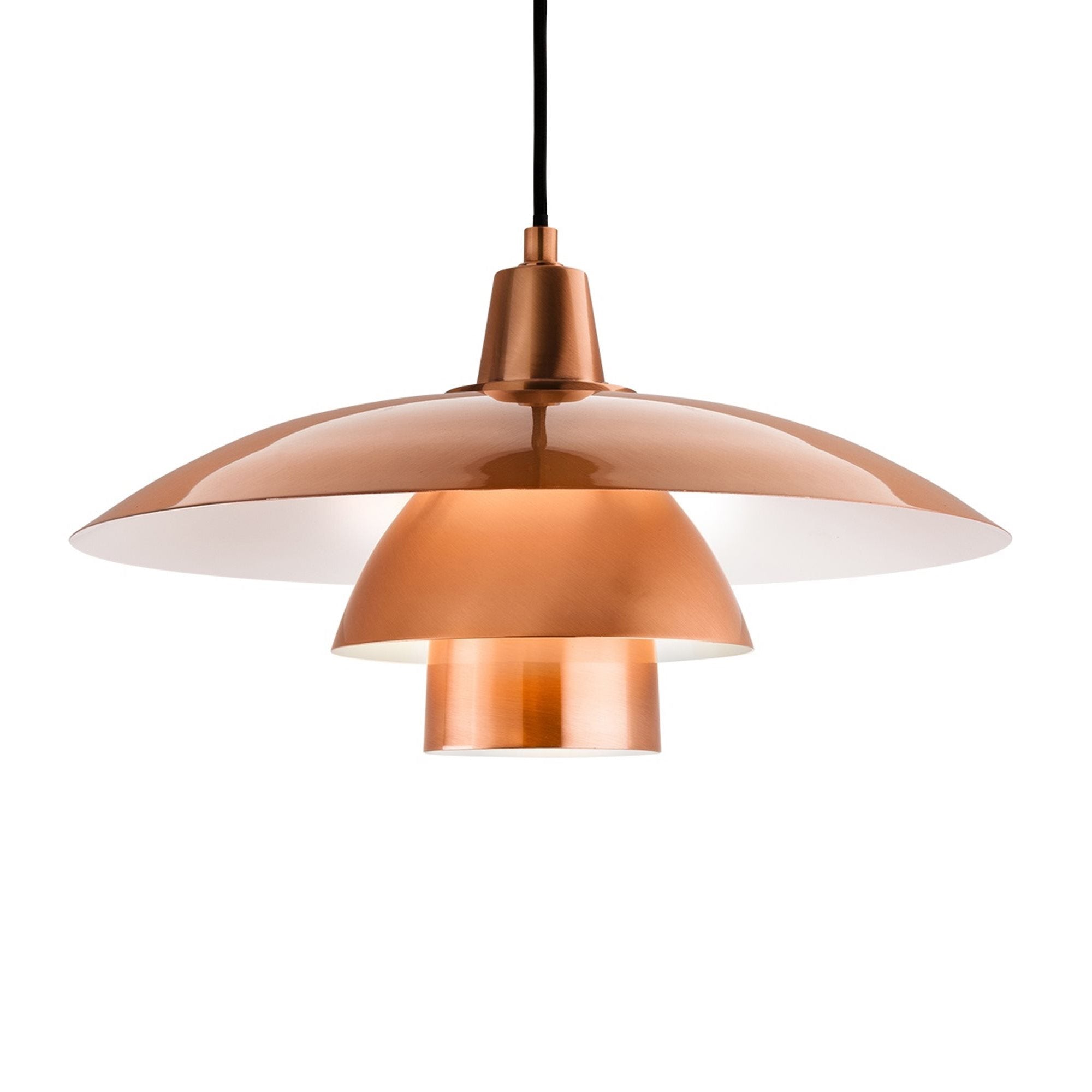 Scandi style pendant featuring brushed copper metalwork and black cable. It is a modern, very stylist and ideal for living rooms, bedrooms and kitchens.
H: 23 cm W: 40 cm (Max Drop 120 - Min Drop 30 cm