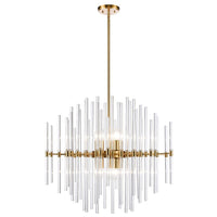 An amazingly glamorous 10 light pendant. A large size, with exquisite gilt metal band, rod and rose. The rods are of different heights to add to the drama of this statement light. The glass and gilt metal work perfectly together for a luxurious feel.