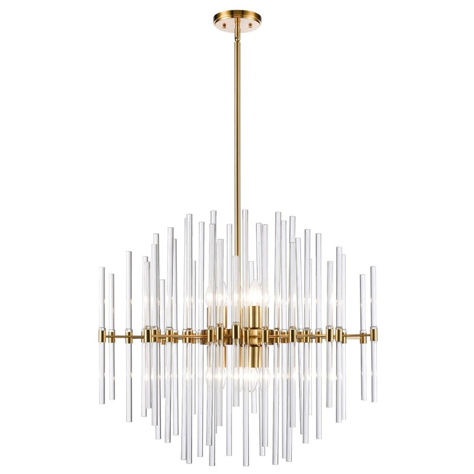 An amazingly glamorous 10 light pendant. A large size, with exquisite gilt metal band, rod and rose. The rods are of different heights to add to the drama of this statement light. The glass and gilt metal work perfectly together for a luxurious feel.
