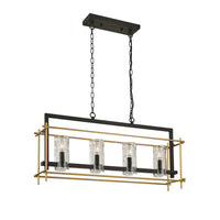 An industrial style black and gilt ceiling light, with four textured glass chimney style  lamps.  Great kitchen island or dining table light, modern with an industrial twist. Perfect with your 'Crittal' doors or windows.