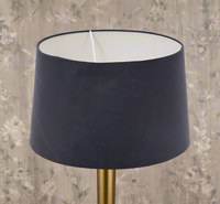 A charcoal gray lamp shade with a white inner, placed on a lamp base, against a floral patterned background.