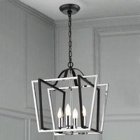 Chrome and black open four light lantern. Statement light which will be a stylish focus in any room. The ultimate hall lantern, a conte,porary take on the classic lantern look. For the hall, living room or on a landing a real statement in your home.
H: 59 cm (Min) 199 cm (Max) W: 40 cm