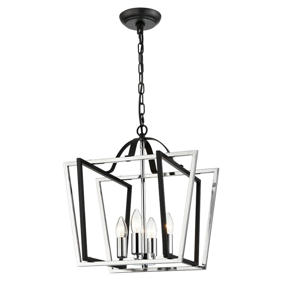 Chrome and black open four light lantern. Statement light which will be a stylish focus in any room. The ultimate hall lantern, a contemporary take on the classic lantern look. For the hall, living room or on a landing a real statement in your home.