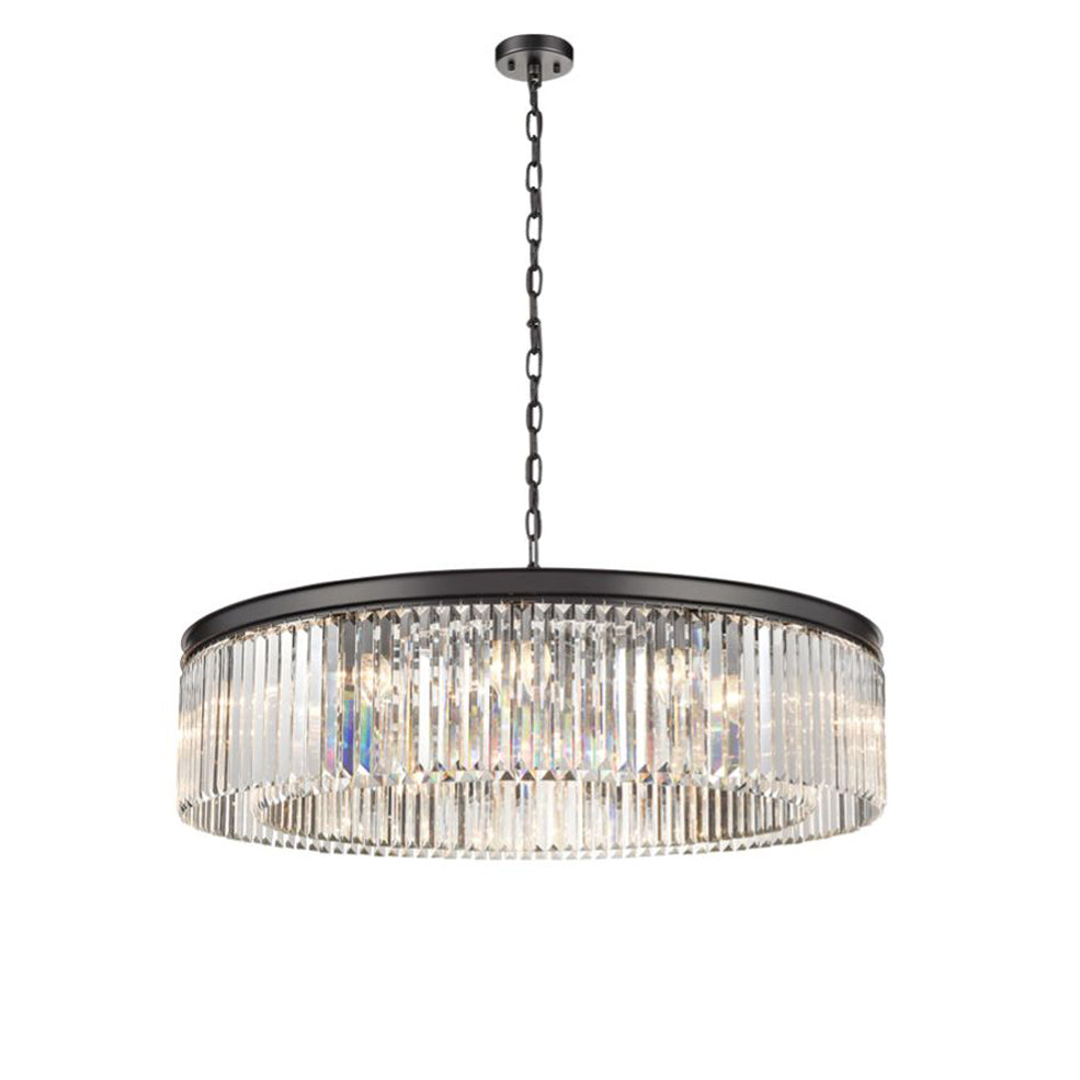 Absolutely stunning, large crystal prism chandelier with black frame and double ring of crystals. Exceptional size and exceptional impact. This double layered crystal prism chandelier is the perfect light for a larger room.
