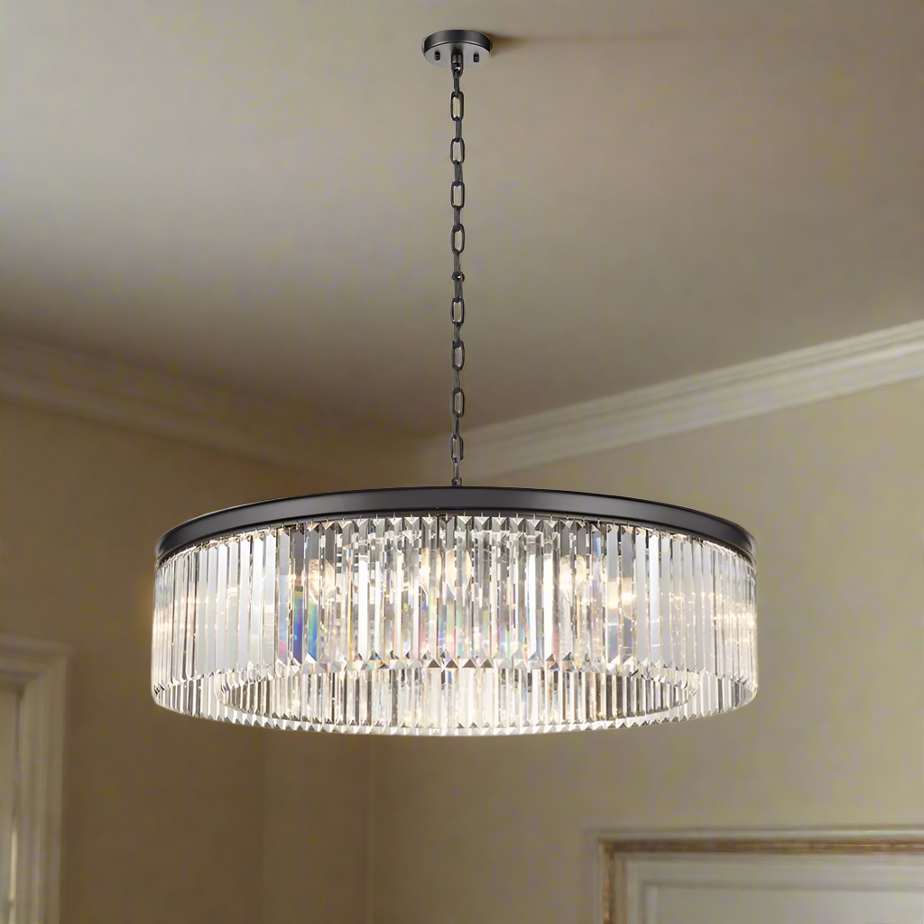 Absolutely stunning, large crystal prism chandelier with black frame and double ring of crystals. Exceptional size and exceptional impact. This double layered crystal prism chandelier is the perfect light for a larger room.