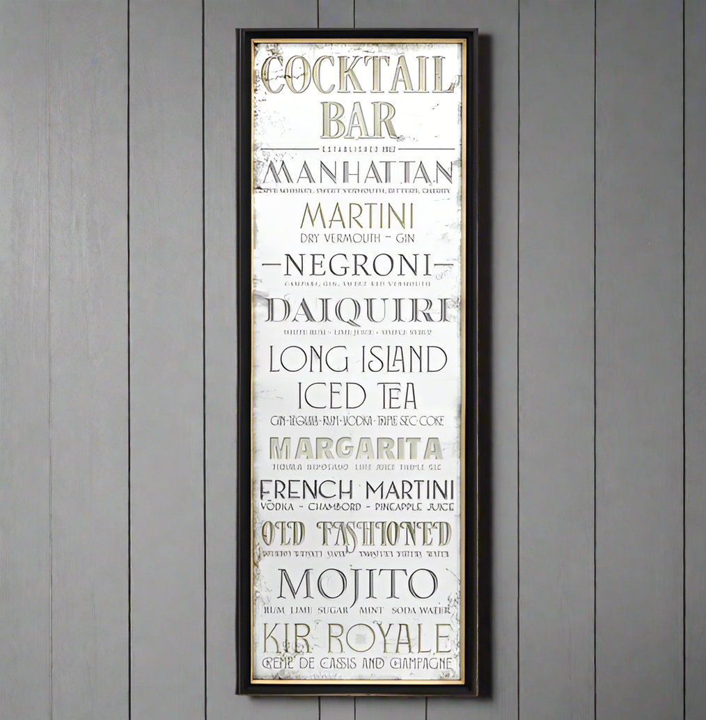 A vintage inspired wall mirrored Sign "Cocktail Bar" on a black frame. A perfect retro look.