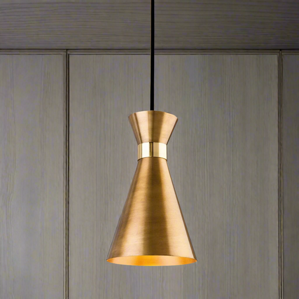 A conical metal pendant light in a brass color, hanging from a ceiling with a wooden background.