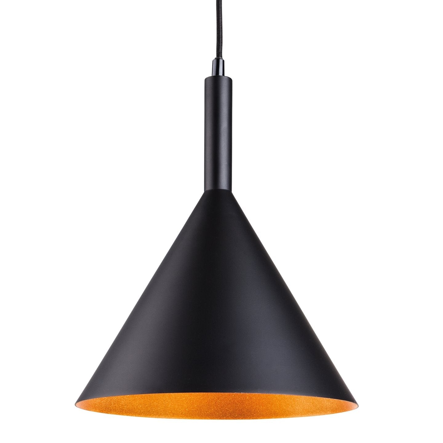 Conical metal pendant with gold / white inner.
Available in four colours: