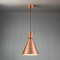 Copper metal conical shaped pendant, great island or dining room light, industrial twist but with the warmth of the copper finish. 