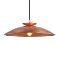 Modern pendant featuring a hammering copper metalwork finish with a black flex.  This copper disc pendant light is a striking, contemporary lighting fixture that combines sleek design with industrial charm. Its wide shape allows the light to spread evenly across any room. It is a very stylist and ideal for living rooms, bedrooms and kitchens