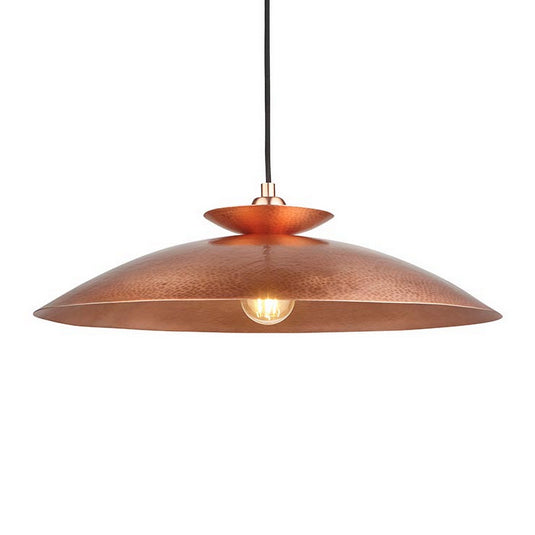 Modern pendant featuring a hammering copper metalwork finish with a black flex.  This copper disc pendant light is a striking, contemporary lighting fixture that combines sleek design with industrial charm. Its wide shape allows the light to spread evenly across any room. It is a very stylist and ideal for living rooms, bedrooms and kitchens