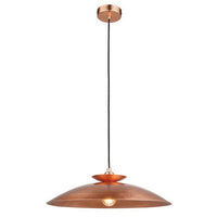 Modern pendant featuring a hammering copper metalwork finish with a black flex.  This copper disc pendant light is a striking, contemporary lighting fixture that combines sleek design with industrial charm. Its wide shape allows the light to spread evenly across any room. It is a very stylist and ideal for living rooms, bedrooms and kitchens