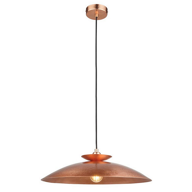 Modern pendant featuring a hammering copper metalwork finish with a black flex.  This copper disc pendant light is a striking, contemporary lighting fixture that combines sleek design with industrial charm. Its wide shape allows the light to spread evenly across any room. It is a very stylist and ideal for living rooms, bedrooms and kitchens