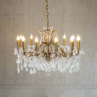 Large, shallow crystal chandelier on a gilt frame.  Classic crystal 12 branch chandelier, shallow to fit in a smaller room and perfect for the hall or sitting room of a period property.