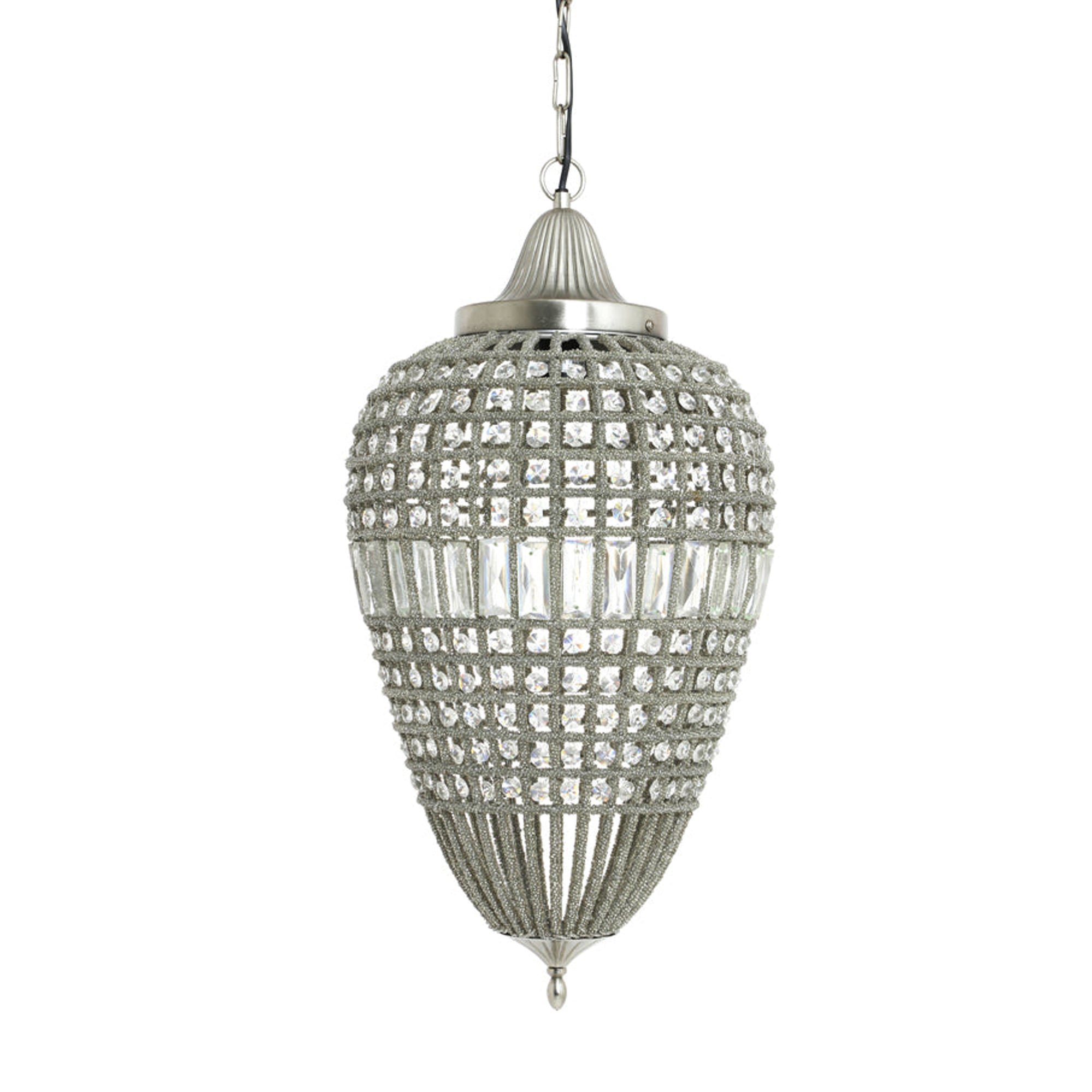 Available in two sizes long crystal and nickel teardrop pendants .