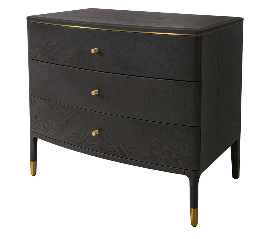This stylish chest of drawers features a dark grey finish with great wood texture for a unique look. It is complemented by elegant brass handles and brushed gold feet.
It has three deep drawers with plenty of storage. The classic design pairs beautifully with modern and traditional decor, making it perfect for any interior design style adding a touch of luxury to any room.