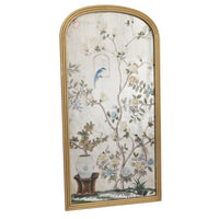 A stunning piece of mirrored wall art, a classic bird and flowers 'Victorian' style image on an arched mirror. The reflective surface creates a light enhancing focal point.