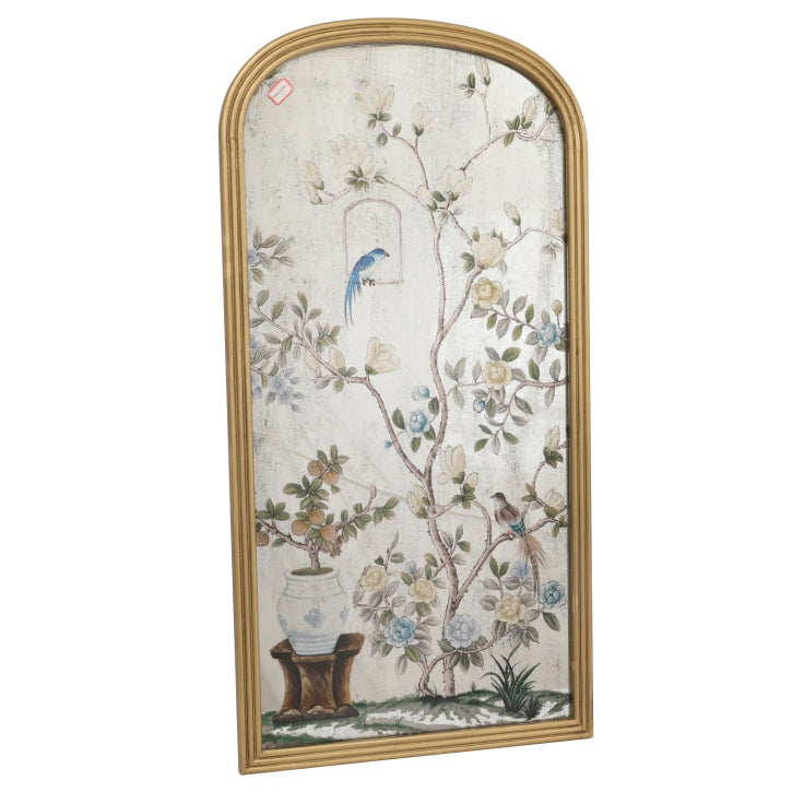 A stunning piece of mirrored wall art, a classic bird and flowers 'Victorian' style image on an arched mirror. The reflective surface creates a light enhancing focal point.