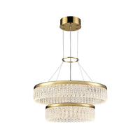 Exceptionally pretty double gilt and crystal chandelier. The fixture consists of intricate, delicate, lattice crystal drops on a two round gilt metal circular bands gathered at the top with a gilt band.  An absolutely stunning light which would be perfect in a living room or large hall. 