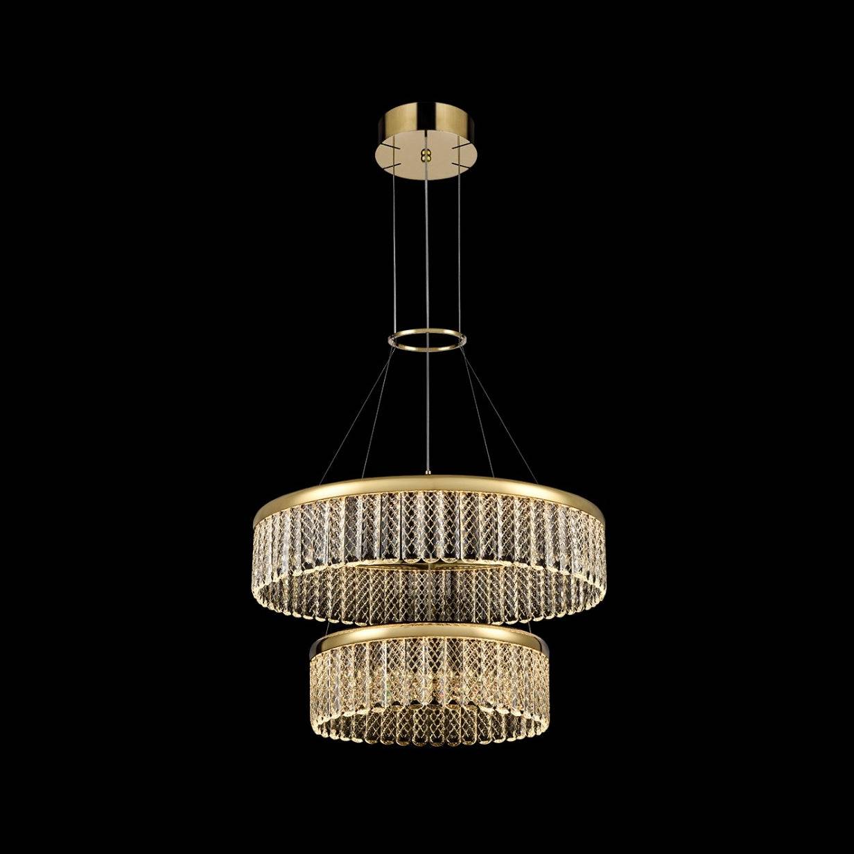 Exceptionally pretty double gilt and crystal chandelier. The fixture consists of intricate, delicate, lattice crystal drops on a two round gilt metal circular bands gathered at the top with a gilt band.  An absolutely stunning light which would be perfect in a living room or large hall. 