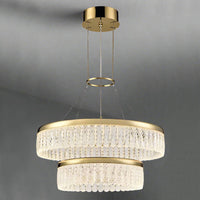Exceptionally pretty double gilt and crystal chandelier. The fixture consists of intricate, delicate, lattice crystal drops on a two round gilt metal circular bands gathered at the top with a gilt band.  An absolutely stunning light which would be perfect in a living room or large hall. 