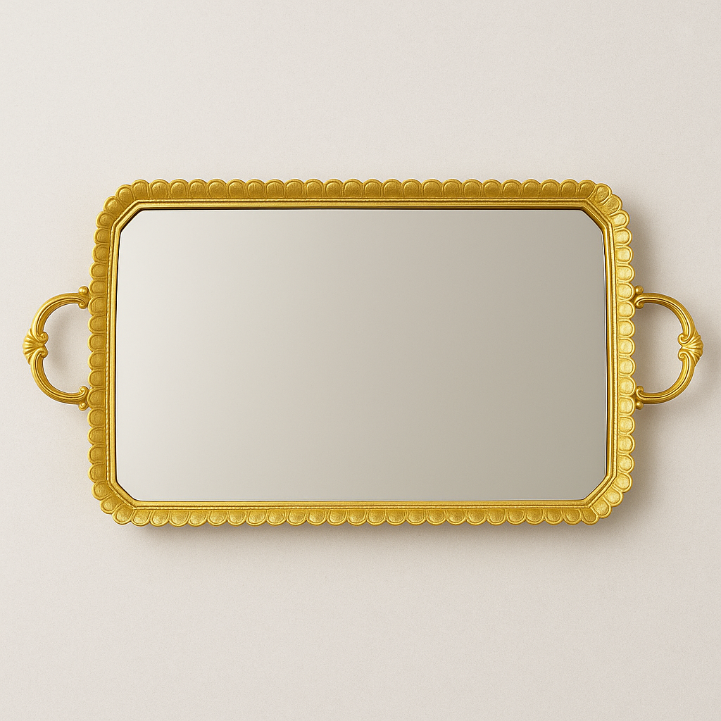 gilt tray with mirrored top and two decorative handles, great in a bedroom for jewellery or as a festive serving tray.