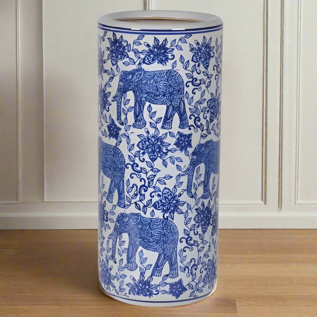 Blue and white elephant design umbrella stand, a typical 'Country House' style umbrella stand which would look just as good in a city home.
