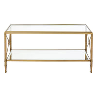 Empire style gilt metal and glass coffee table with metal cross medallion ends. This classic table will work well in a traditional or ultra contemporary setting. The mixture of the gilt metal and glass makes for a beautiful light and airy yet substantial piece of furniture.