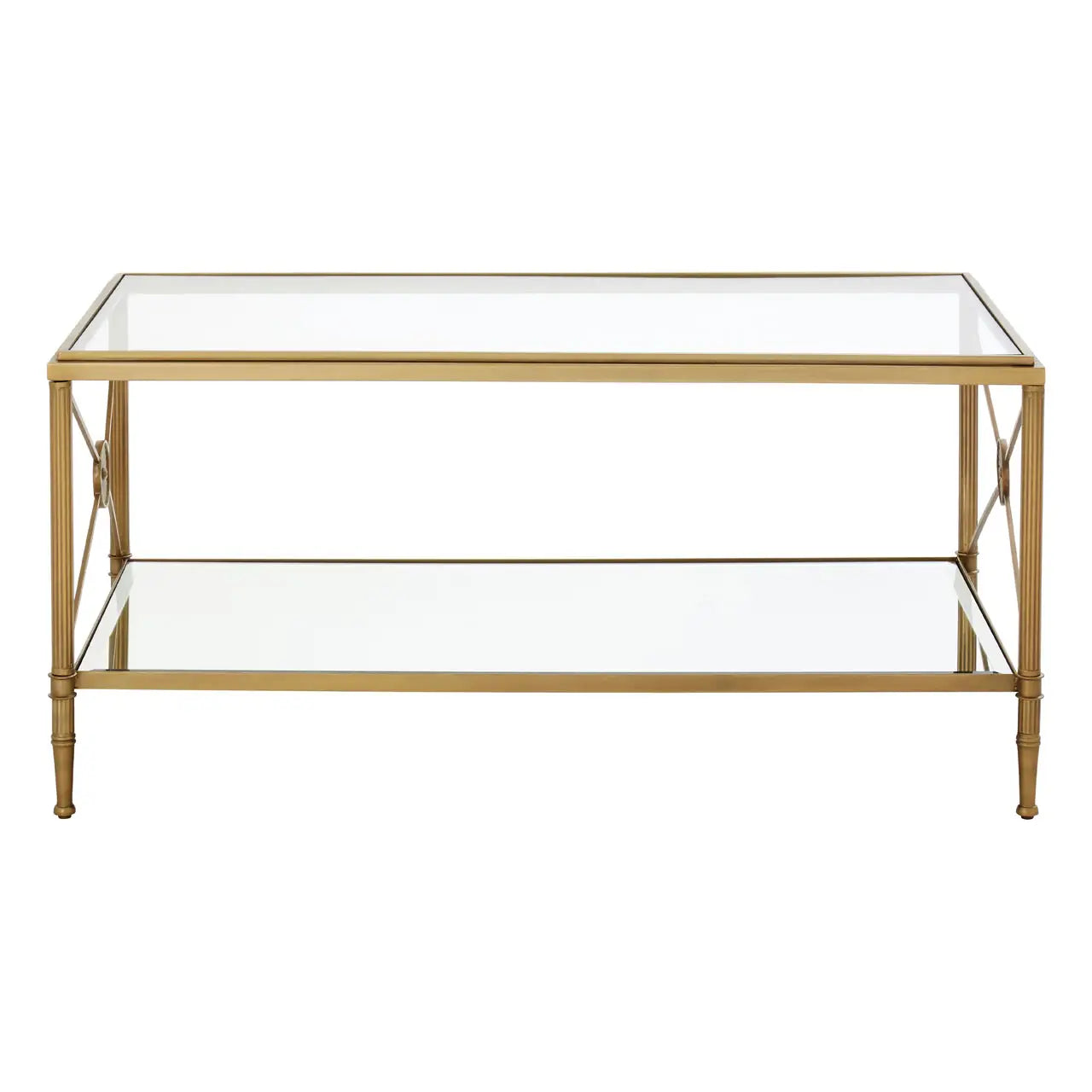 Empire style gilt metal and glass coffee table with metal cross medallion ends. This classic table will work well in a traditional or ultra contemporary setting. The mixture of the gilt metal and glass makes for a beautiful light and airy yet substantial piece of furniture.