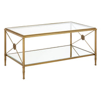 Empire style gilt metal and glass coffee table with metal cross medallion ends. This classic table will work well in a traditional or ultra contemporary setting. The mixture of the gilt metal and glass makes for a beautiful light and airy yet substantial piece of furniture.