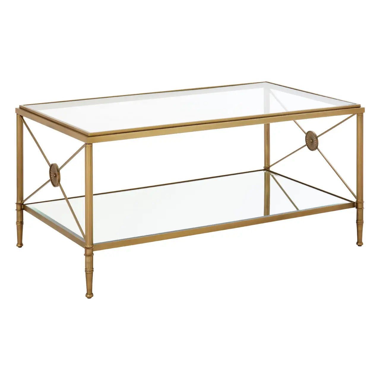 Empire style gilt metal and glass coffee table with metal cross medallion ends. This classic table will work well in a traditional or ultra contemporary setting. The mixture of the gilt metal and glass makes for a beautiful light and airy yet substantial piece of furniture.