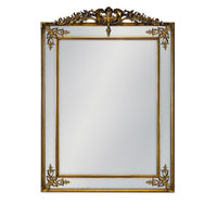 Exceptionally stunning statement mirror in gold, with beveled glass panels, gilt crown and corner gilt appliques. A giant mirror which will brighten and lighten any room.  A classic gilt finish with corner motifs and long crested top just add to the antique luxury feel of this mirror,