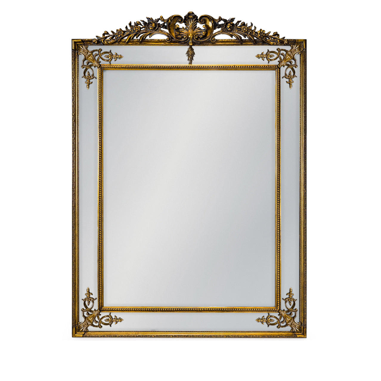 Exceptionally stunning statement mirror in gold, with beveled glass panels, gilt crown and corner gilt appliques. A giant mirror which will brighten and lighten any room.  A classic gilt finish with corner motifs and long crested top just add to the antique luxury feel of this mirror,